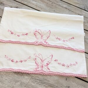 Vintage Embroidered Pillowcases. Crocheted Butterfly | Queen | Pink | White